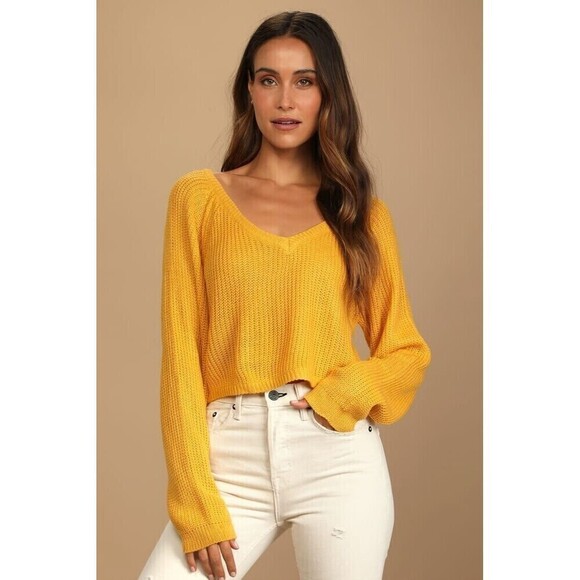 Lulus Womens Cropped Knit Sweater Mustard Yellow‎ L New - Picture 1 of 8